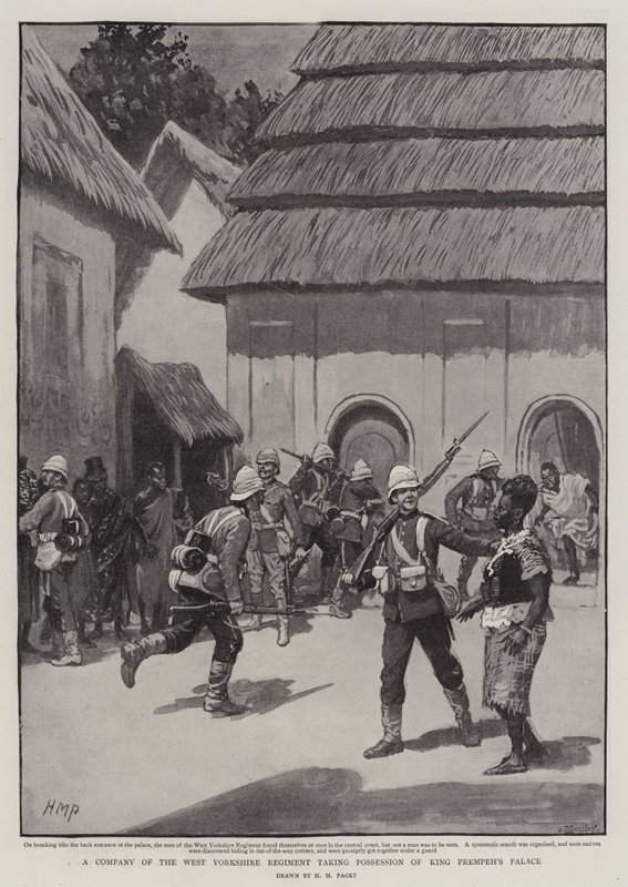 Et kompagni fra West Yorkshire Regiment, der tager kong Prempehs palads i besiddelse af Henry Marriott Paget