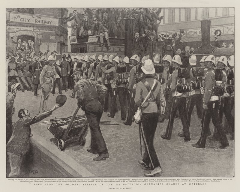 Tilbage fra Soudan, Ankomst af 1. Bataljons Grenadier Guards ved Waterloo af Henry Marriott Paget