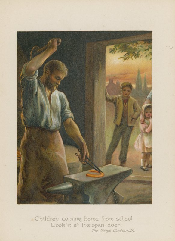 Børn, der kommer hjem fra skole, kigger ind ad den åbne dør (chromolitho) af Henry Marriott Paget