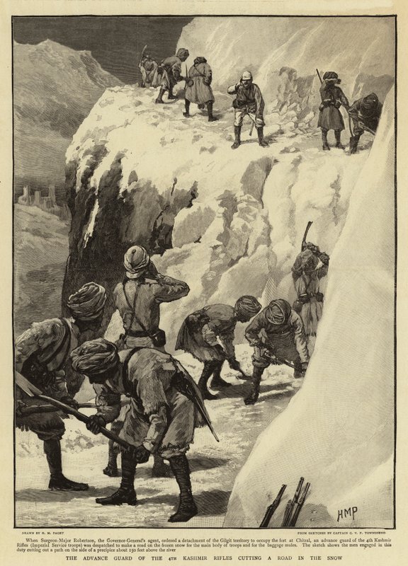 Den fremskudte garde fra 4. Kashmir Rifles skærer en vej i sneen af Henry Marriott Paget