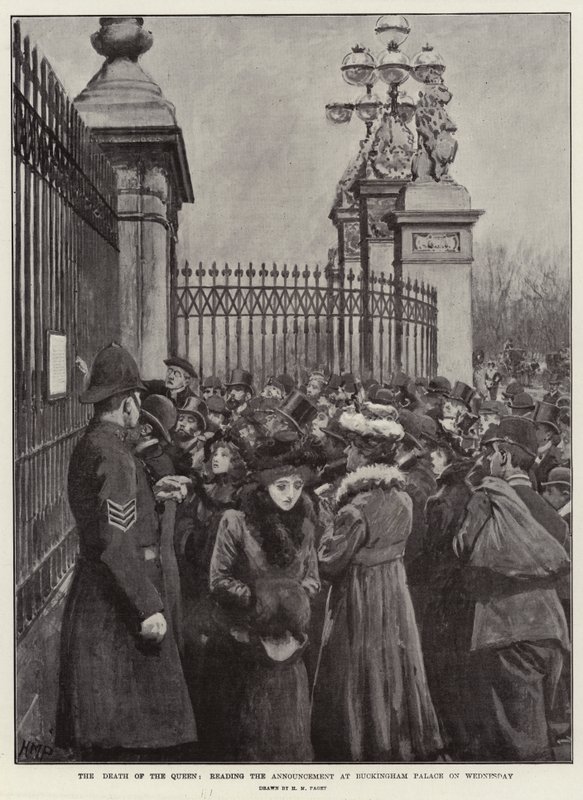 Dronningens død, læser meddelelsen i Buckingham Palace onsdag af Henry Marriott Paget