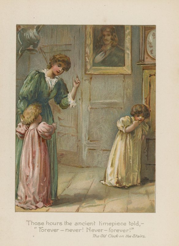 De timer fortalte det gamle ur - For evigt - aldrig! Aldrig for evigt! (chromolitho) af Henry Marriott Paget