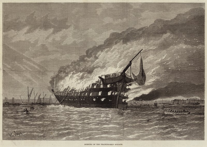 Afbrænding af træningsskibet Goliat af Henry Spernon Tozer