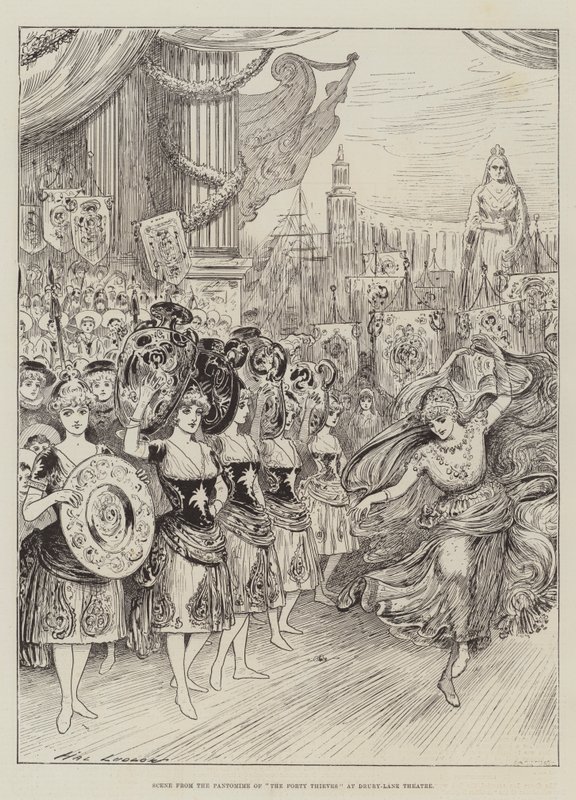Scene fra Pantomime of The Forty Thieves på Drury-Lane Theatre af Henry Stephen Ludlow