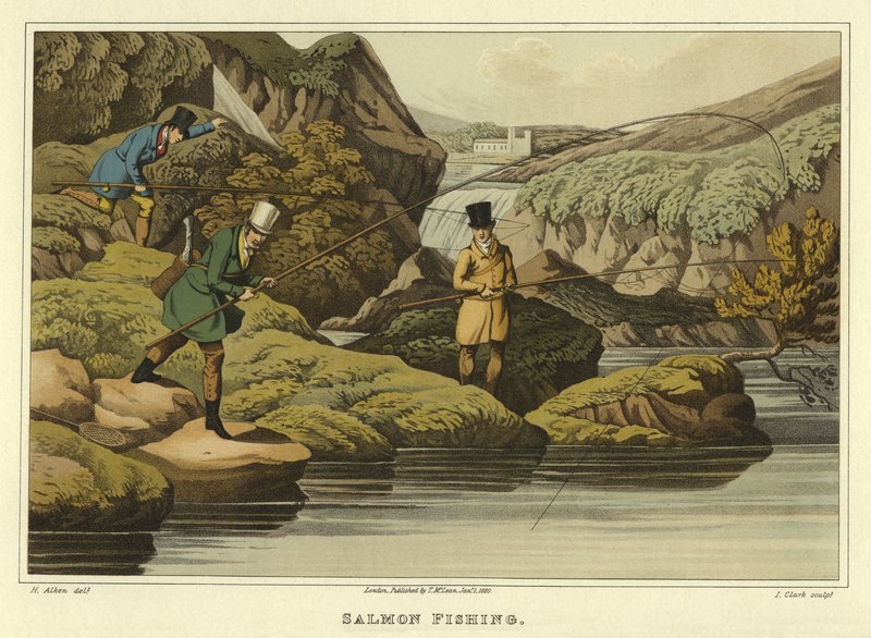Laksefiskeri (chromolitho) af Henry Thomas Alken