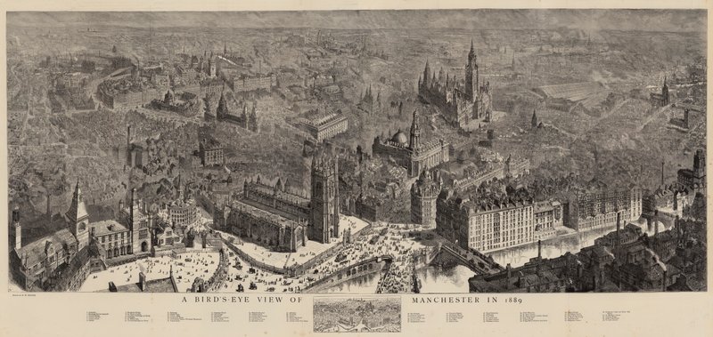 Et fugleperspektiv af Manchester i 1889 af Henry William Brewer