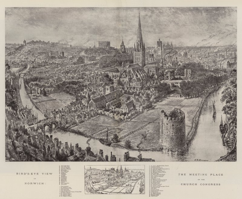 Fugleperspektiv af Norwich, mødestedet for kirkekongressen af Henry William Brewer