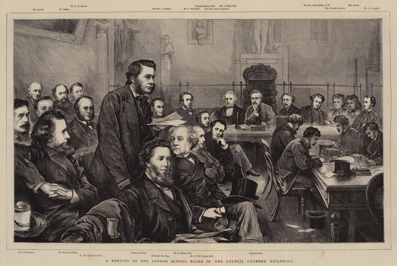 Møde i London School Board i rådssalen, Guildhall af Henry Woods