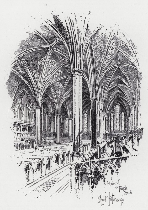 Interiør af Temple Church (gravering) af Herbert (after) Railton