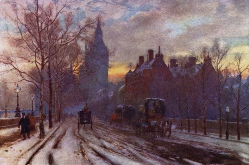 The Westminster Embankment (farve litho) af Herbert Menzies (after) Marshall