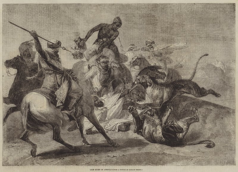 Løvejagt i Afrika af Emile Jean Horace Vernet