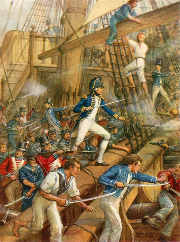 Nelson går ombord på San Nicolas (farve litho) af Howard Davie