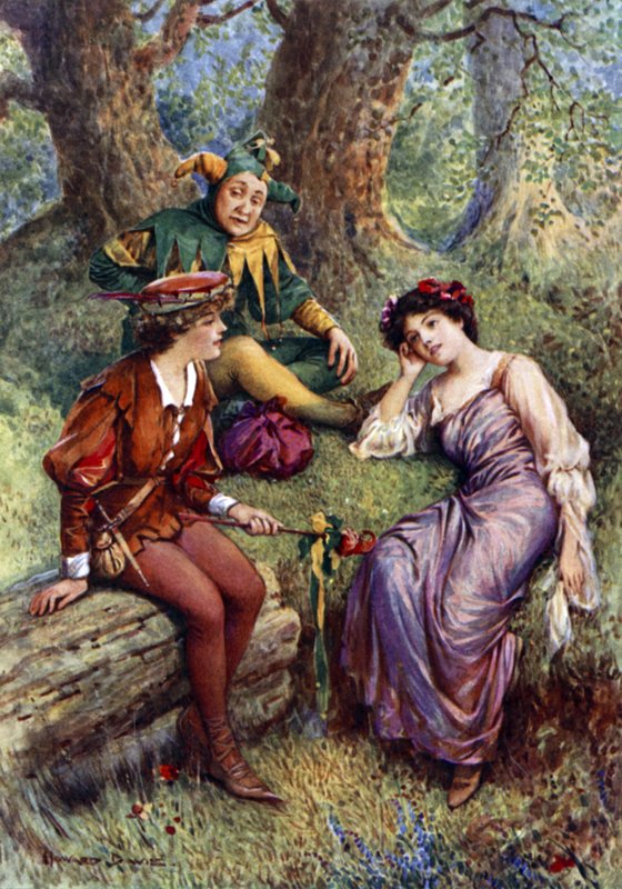 Rosalind, Celia og Touchstone (farve litho) af Howard Davie