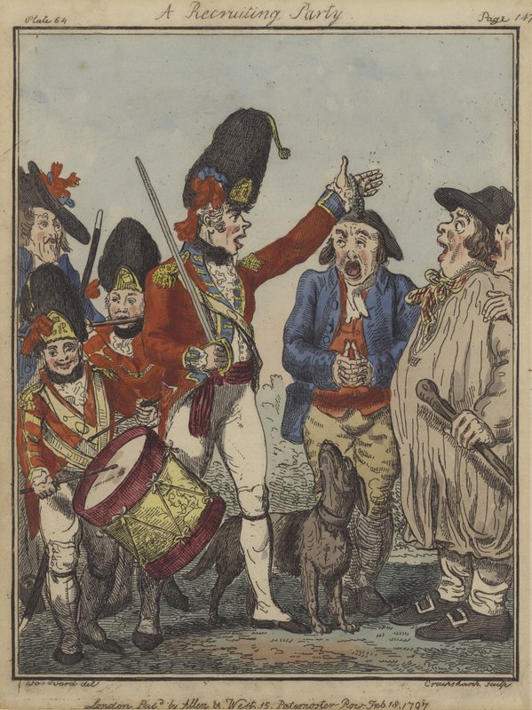 Et rekrutteringsparti, 1797 (farvet radering) af Isaac Robert Cruikshank