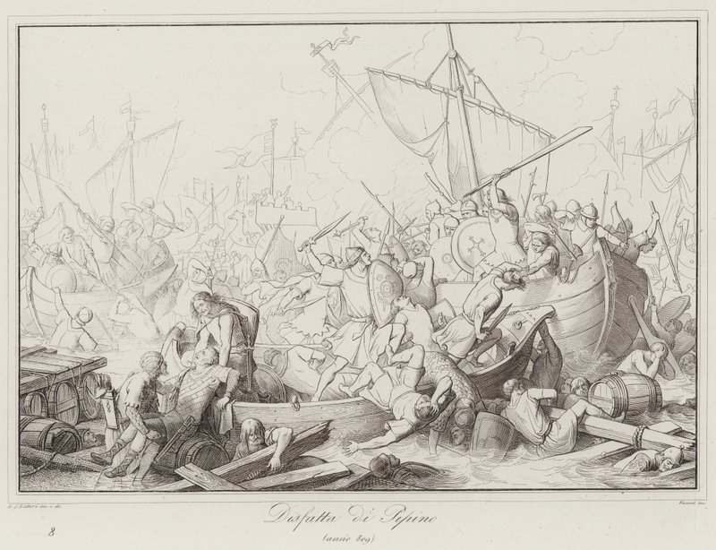 Pippins nederlag, 809 (gravering) af Italian School