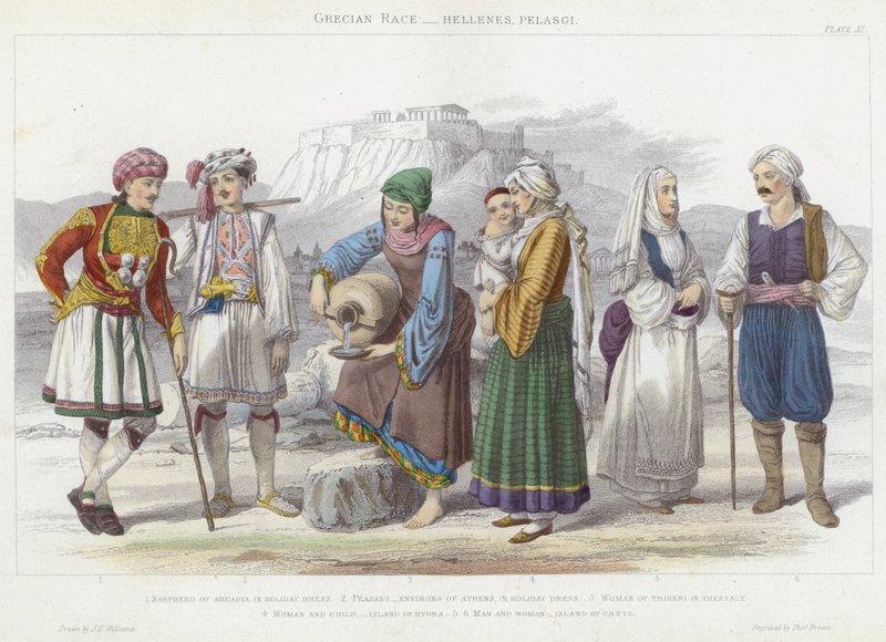 Grecian Race, Hellenes, Pelasgi (farvet gravering) af J.L. (after) Williams