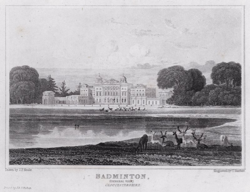 Badminton, generel udsigt, Gloucestershire (gravering) af John Preston Neale
