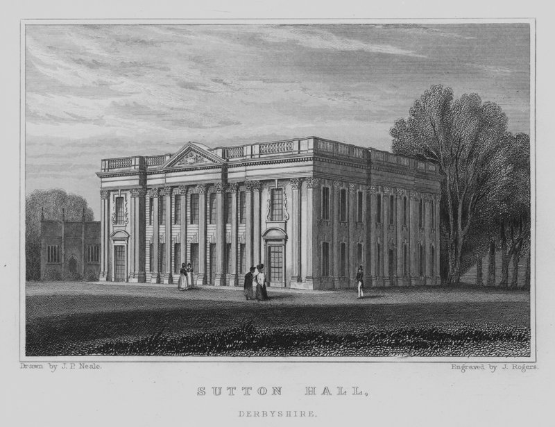 Sutton Hall, Derbyshire (gravering) af John Preston Neale