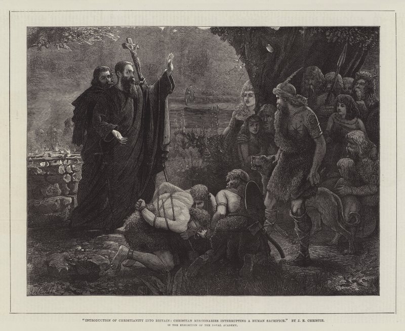 Introduktion af kristendommen i Storbritannien, kristne missionærer, der afbryder et menneskeofring, i udstillingen af Royal Academy af James Elder Christie