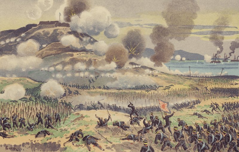Den voldsomme kamp ved Nanshan (chromolitho) af Japanese School