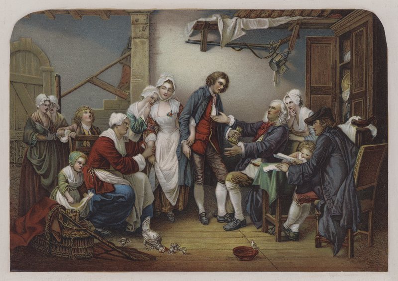 Landsbybruden (farve litho) af Jean Baptiste (after) Greuze
