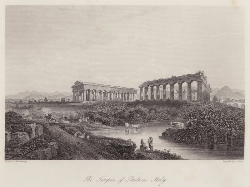 Templerne i Paestum, Italien (gravering) af Johan Wolfensberger