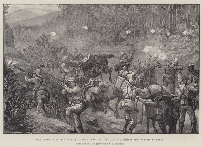 Vores tropper i Burmah, angreb på bagvagt og bagage i den nordlige Shan-søjle ved Namlu af Johann Nepomuk Schonberg