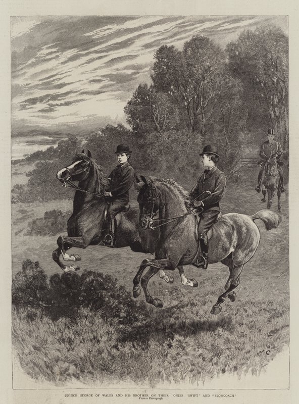 Prins George af Wales og hans bror på deres ponyer Swift og Slowcoach af John Charlton