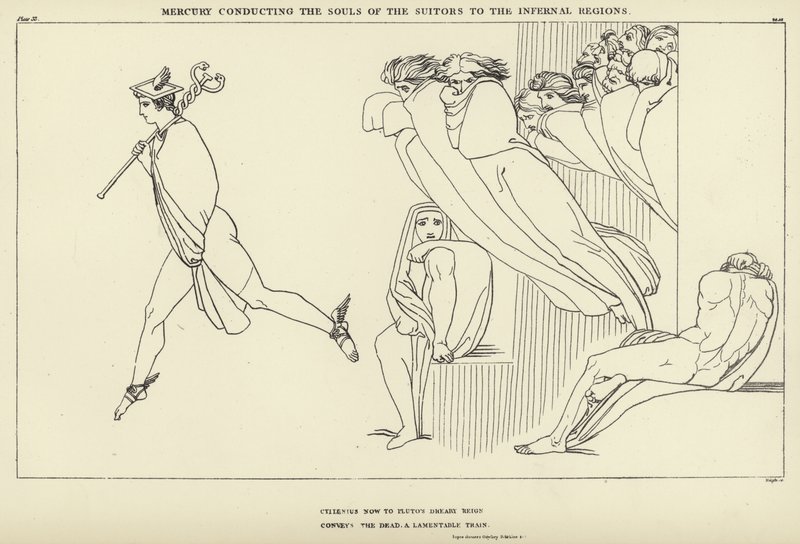 Mercury dirigerer bejlernes sjæle til de infernalske regioner af John Flaxman