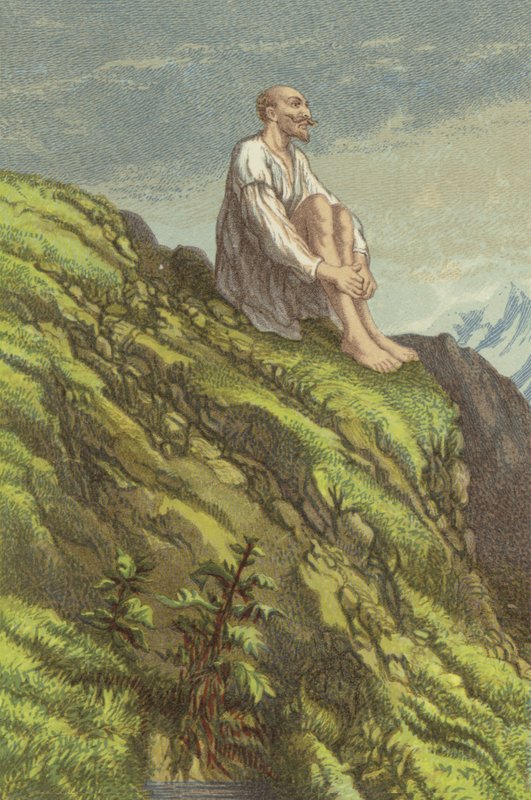 Don Quixote på Sierra Morena gør bod (chromolitho) af John Gilbert