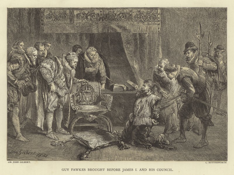 Guy Fawkes stillede for James I og hans råd af John Gilbert