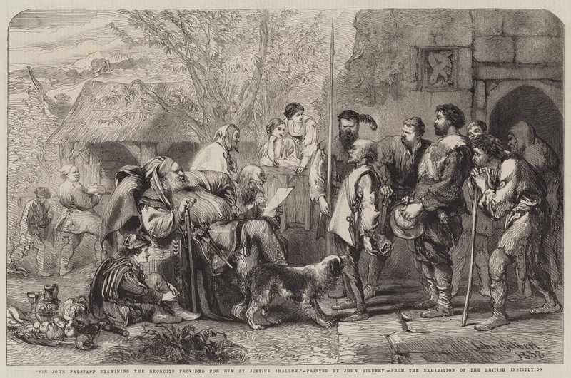 Sir John Falstaff undersøger de rekrutter, som Justice Shallow sørgede for af John Gilbert