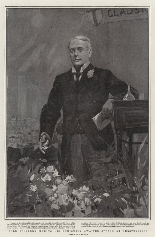 Lord Rosebery holdt sin med spænding ventede tale i Chesterfield af after John Duncan