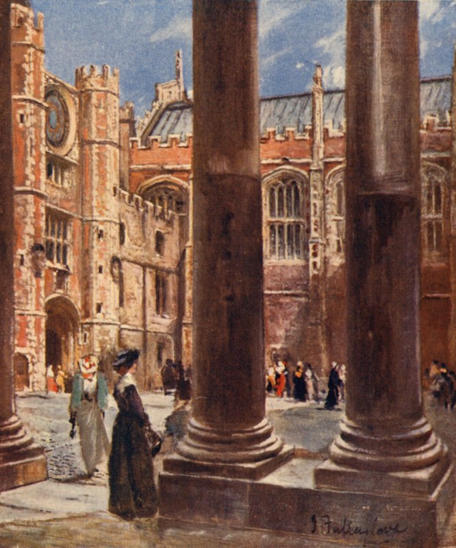 Clock Court, Hampton Court Palace (farve litho) af John Fulleylove