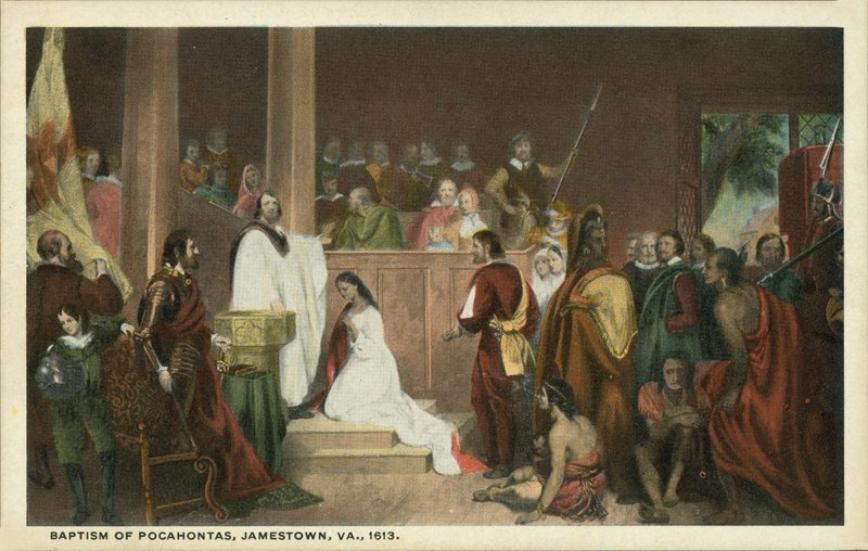 Dåb af Pocahontas, Jamestown, Virginia af John Gadsby (after) Chapman
