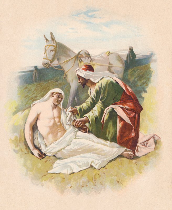 Den barmhjertige samaritaner (farvelitografi) af John Lawson