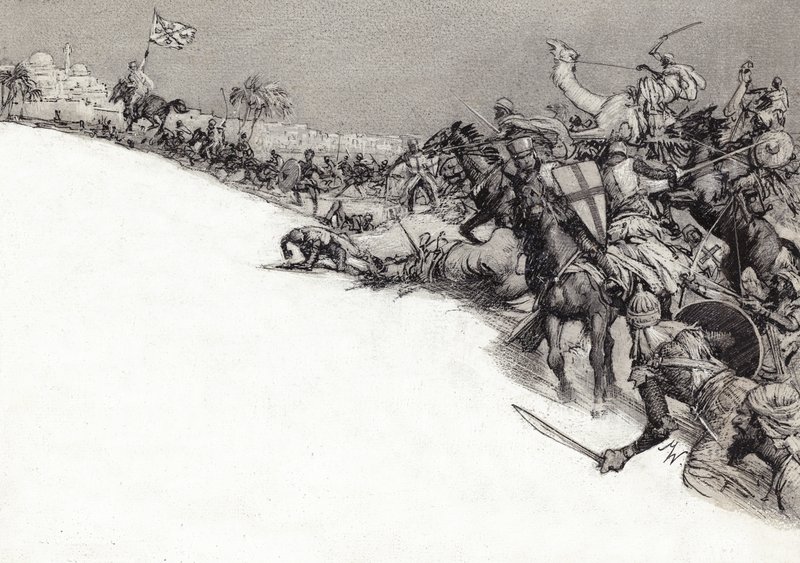 Saracener angriber Jerusalem (gouache på papir) af John Millar Watt