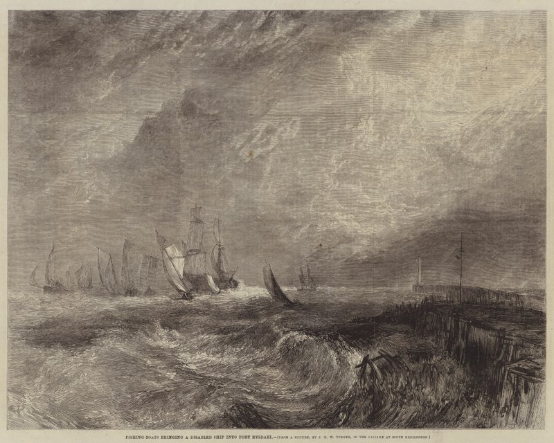 Fiskerbåde, der bringer et handicappet skib ind i Port Rysdael af Joseph Mallord William Turner