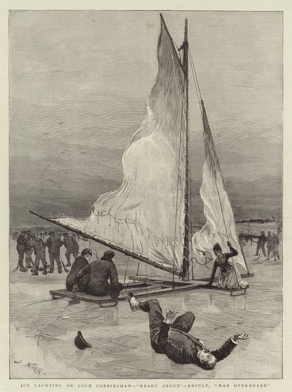 Ice Yachting på Loch Cobbinshaw, klar til, resultat, mand over bord af Joseph Nash