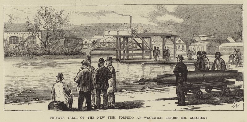 Privat retssag af den nye fisketorpedo i Woolwich før hr. Goschen af Joseph Nash