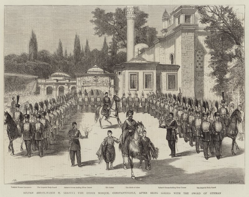 Sultan Abd-ul-Hamid II forlader Eyoub-moskeen, Konstantinopel, efter at være blevet omgjort med Othmans sværd af Joseph Nash