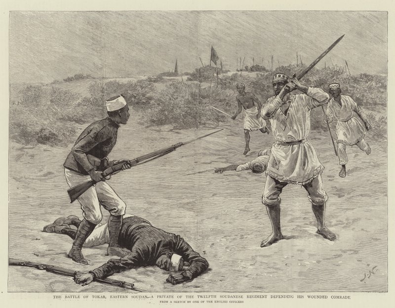Slaget ved Tokar, Østsudan, en menig fra det tolvte sudanesiske regiment, der forsvarer sin sårede kammerat af Joseph Nash