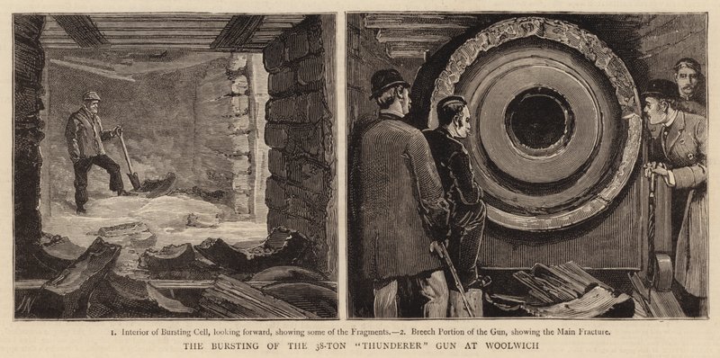 Sprængningen af den 38 tons tunge Thunderer-kanon i Woolwich af Joseph Nash