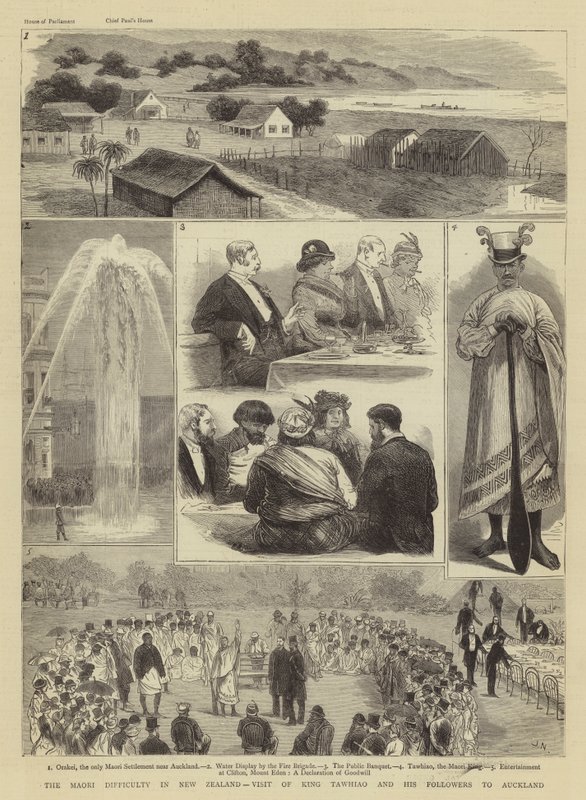 Maori-vanskeligheden i New Zealand, besøg af kong Tawhiao og hans tilhængere i Auckland af Joseph Nash