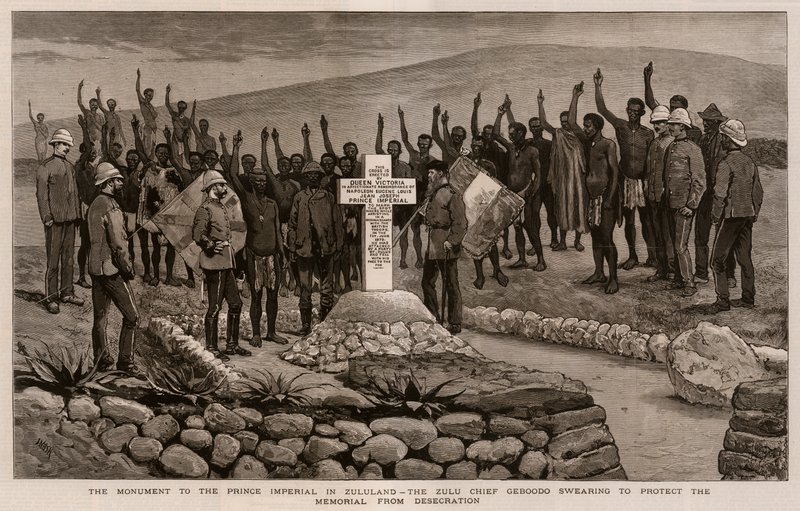Monumentet for den kejserlige prins i Zululand, Zuluhøvding Geboodo sværger at beskytte mindesmærket mod vanhelligelse af Joseph Nash
