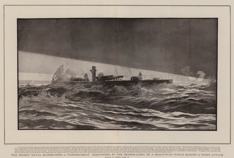 De seneste flådemanøvrer, en torpedobåd opdaget af søgelyset fra en man-o