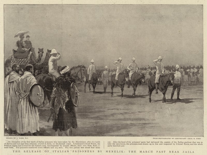 Frigivelsen af italienske fanger af Menelik, March Past nær Zaila af Joseph Nash