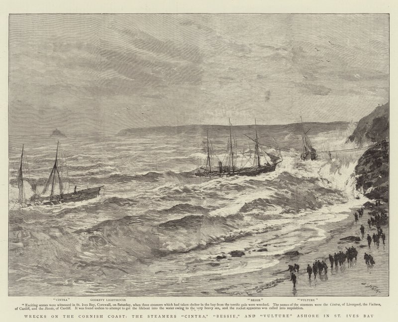Vrag på Cornish Coast, Steamers Cintra, Bessie og Vulture Ashore i St Ives Bay af Joseph Nash