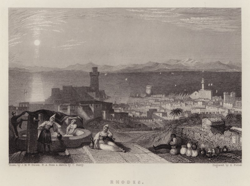 Rhodes (farve litho) af Joseph Mallord William (after) Turner