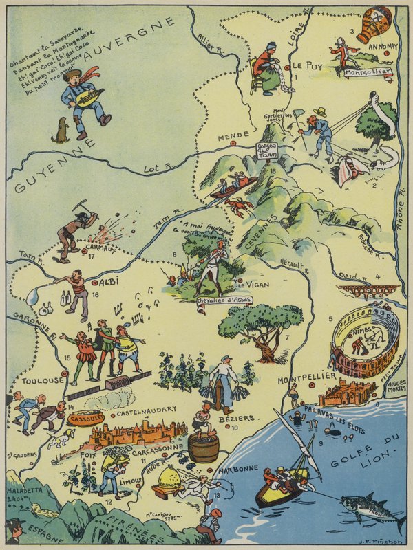 Languedoc-Roussillon-Comte De Foix (farvelitografi) af Joseph Porphyre Pinchon